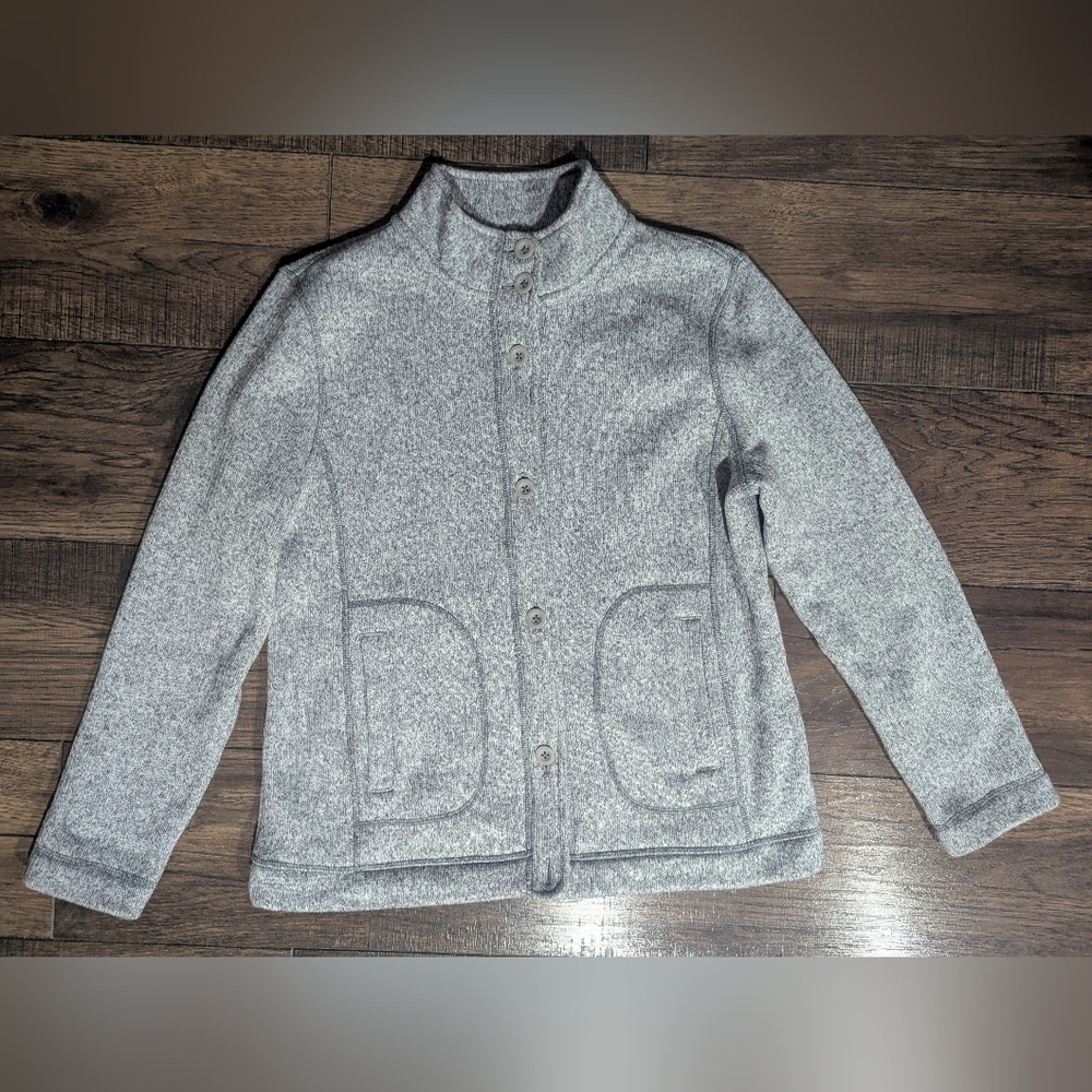 T by Talbots Heather Gray Button Down Jacket Pockets High Collar Buttons Large